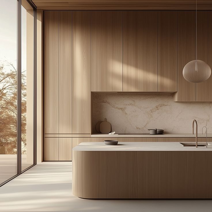 Flush oak kitchen with a curved island