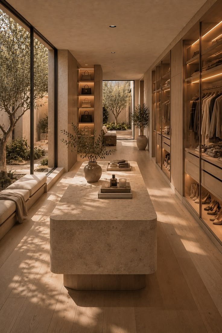 Walk-in wardrobe with a stone island and garden light